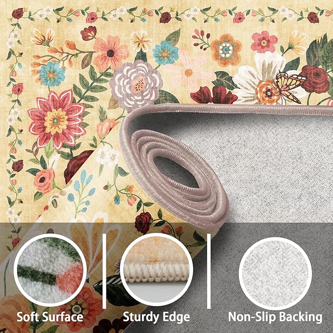 Rug for Hallways Kitchen Rug 2x6, Non Slip Washable Rugs with Rubber Backing Soft Floral Carpet Runner for Hallways, Kitchen, Laundry, Bedroom, Bathroom(Yellow Garden, 2 x 6)
