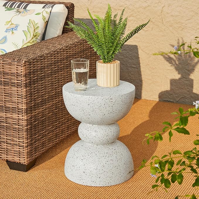 Glitzhome Outdoor Side Tables Set of 2, Heavy Duty Patio Sturdy Faux Terrazzo Decorative Garden Stool Planter Stand for Indoor Covered Outdoor, 17.25" H, Faux White