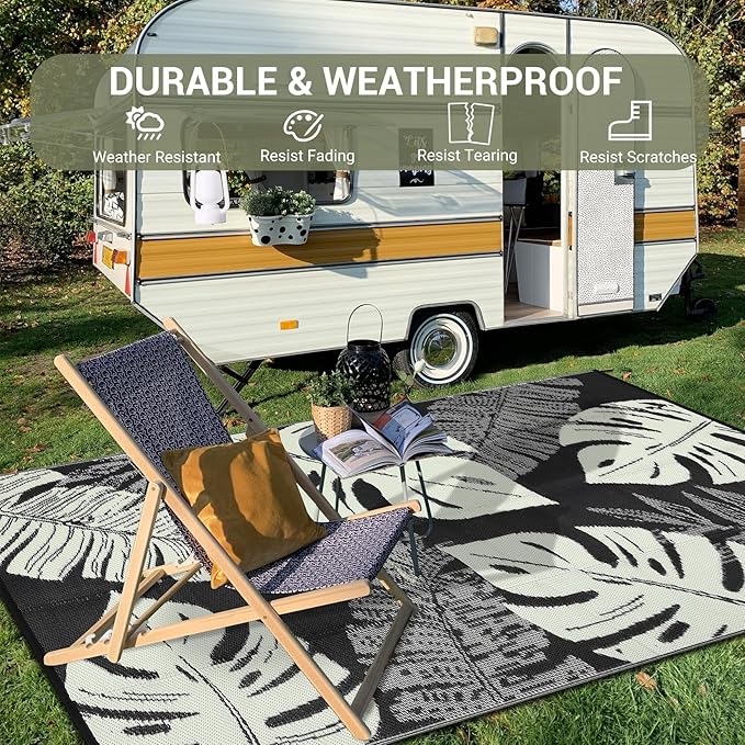COZYLOOM Large Outdoor Rug 9x18 Waterproof Plastic Straw Rug for Patio, Reversible Modern Camping Mat with Portable Bag & Stakes, Foldable & UV Resistant, Outdoor Carpet for Yard Deck, Beige