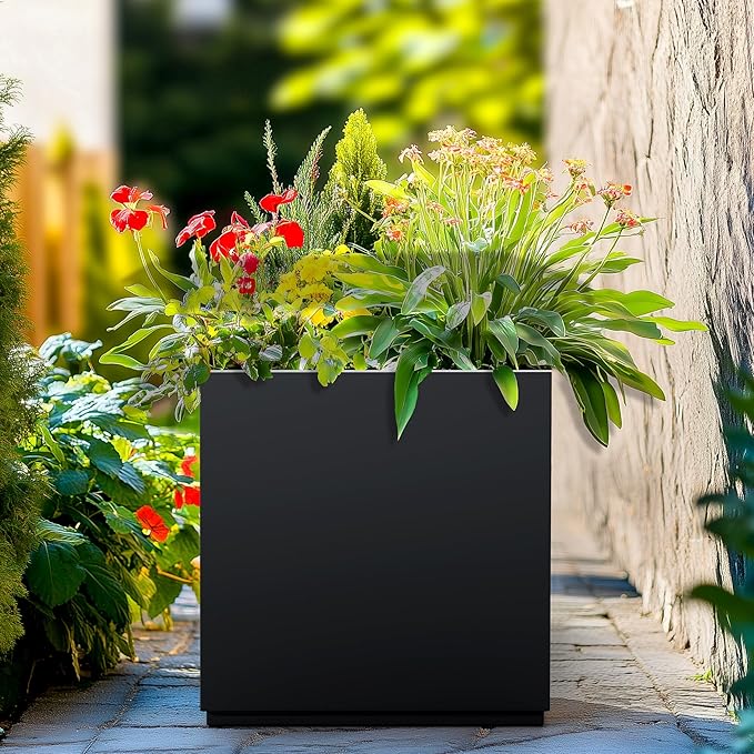 Large Metal Planter for Indoor & Outdoor, Square Planter Boxes with Drainage Holes, Tall Divider Planter Box All-Weather Use for Plants, Flowers, 17" L x 17" W x 18" H, Black
