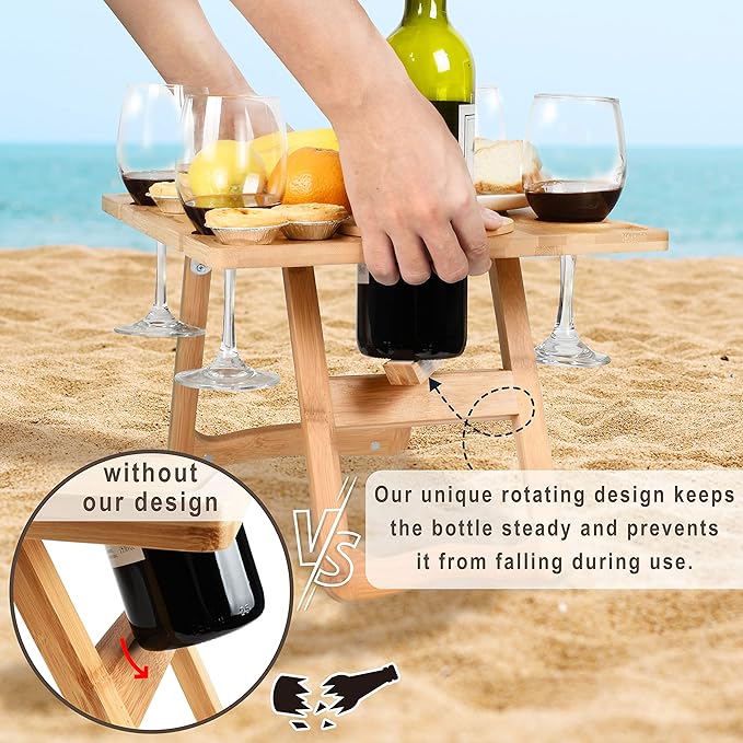Tirrinia Portable Wine Picnic Table, Ideal Wine Gift for Women Men, Outdoor Folding Table & Beach Charcuterie Board with Wine Glasses Holder for Camping, Park, Party, Garden Concerts, Wooden