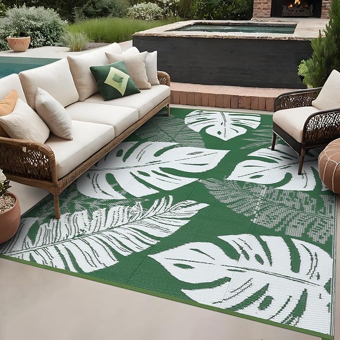 9x12 Outdoor Rug Waterproof Foldable Plastic Straw Carpet for Patio Porch Modern Leaf Print Reversible Mat Lightweight Floor Mat for Picnic, Backyard, Rv, Deck, Camper, Balcony，Green/White