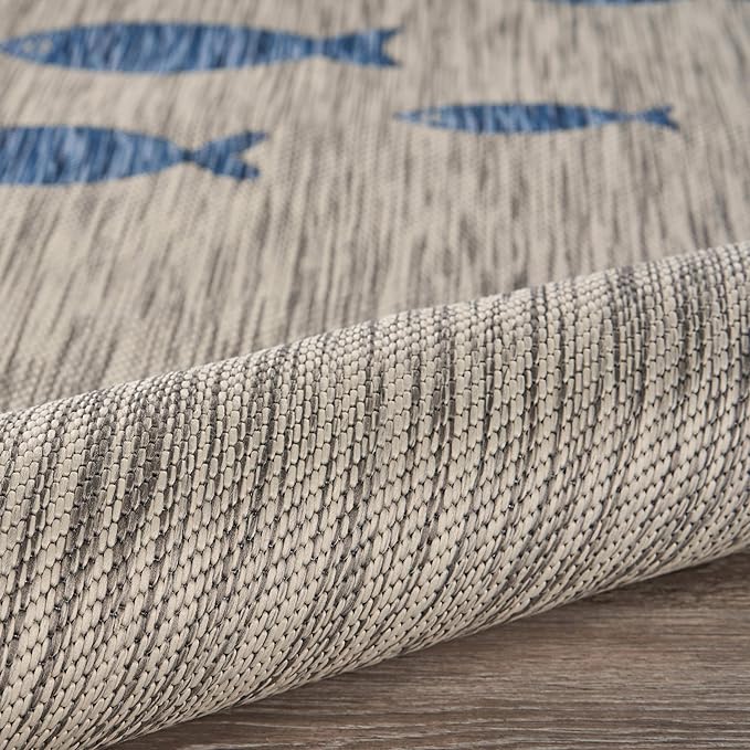 LR Home 8x10 Indoor/Outdoor Area Rug for Home Decor | Coastal School of Fish Large Size Carpet for Living Room, Bedroom, Playroom, Patio, Garden | Modern Farmhouse Rug | Gray/Navy
