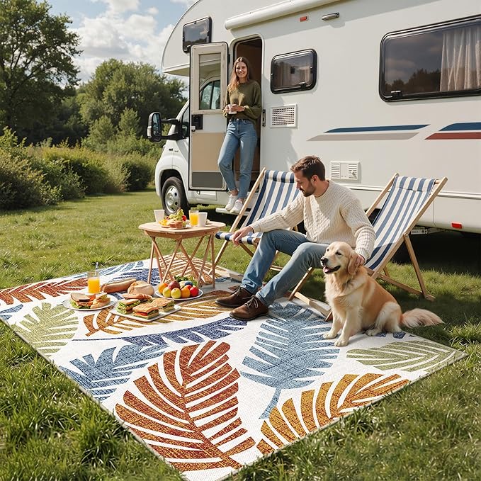 GENIMO Outdoor & Indoor Area Rug 9'x12', Waterproof, Non-Shedding, Easy Cleaning, Leaf Mat for Patio, Living Room, Balcony, Dining Room, RV, Deck, Bedroom, Camping, Outside Carpet, Rust Navy
