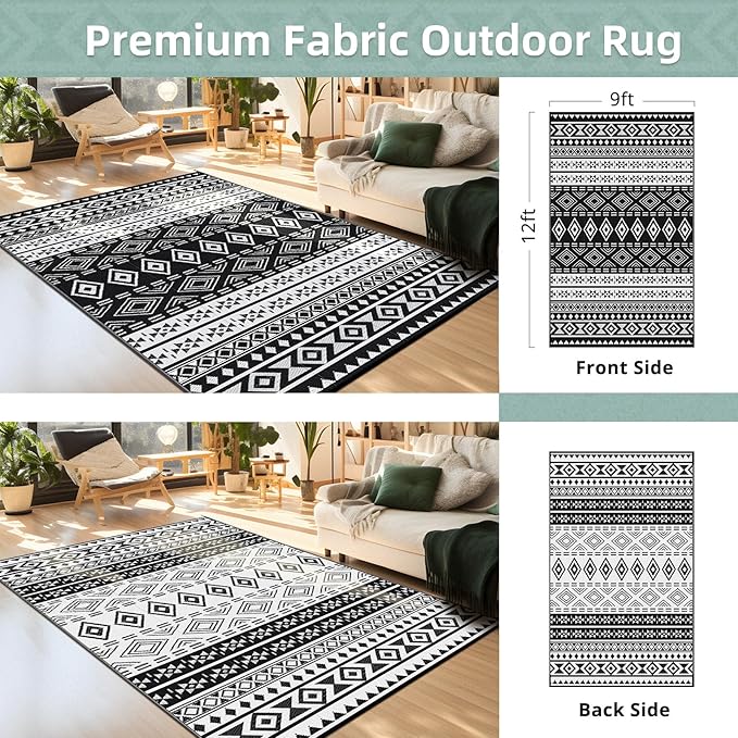GOTGELIF Outdoor Rug 9x12FT Boho Style, Reversible & Water-Resistance & Portable Plastic Straw Rug for RV Trips, Picnic, Camping, Outdoor, Garden, Patio - White and Black Patio Rug