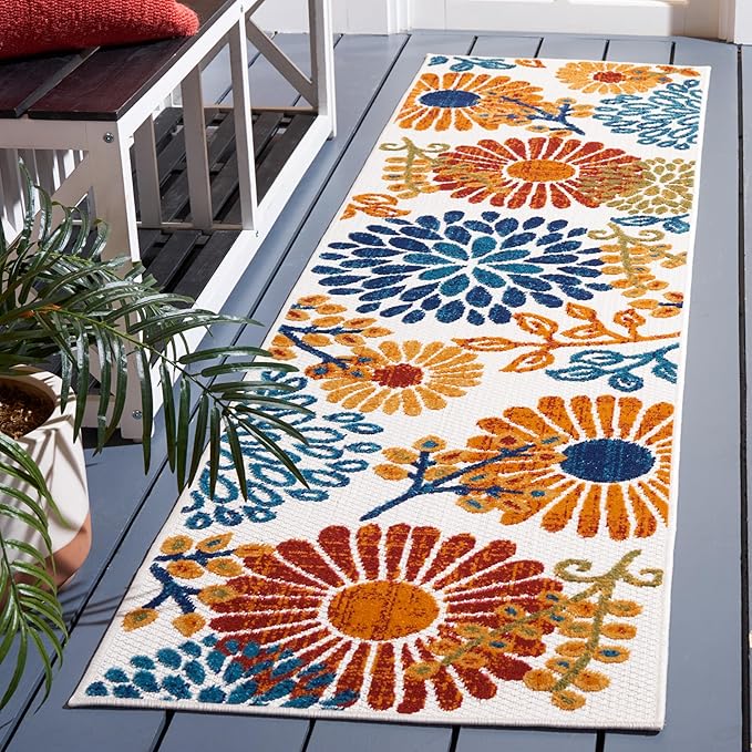 SAFAVIEH Washable Rug Outdoor Cabana Collection - 2' x 8' Runner, Cream & Red, Non-Shedding & Easy to Clean, Ideal for Patio, Backyard, Mudroom (CBN832A)