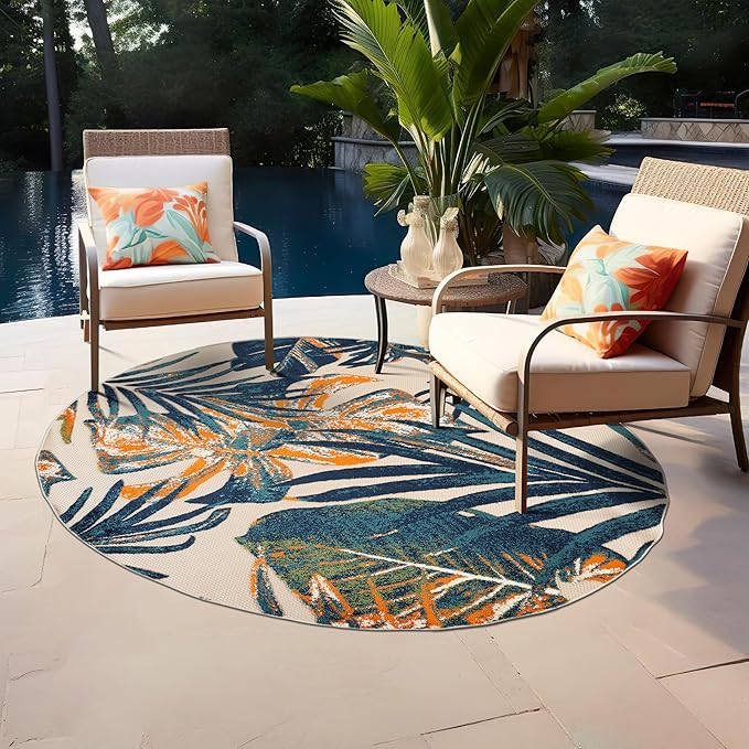 Rugshop Tropical Floral Leaves Indoor/Outdoor Area Rug Durable Polypropylene, Non-Shedding, Easy to Clean, Perfect for Patio, Backyard, Deck and Outdoor Lounge, High Traffic Areas, 8' Round