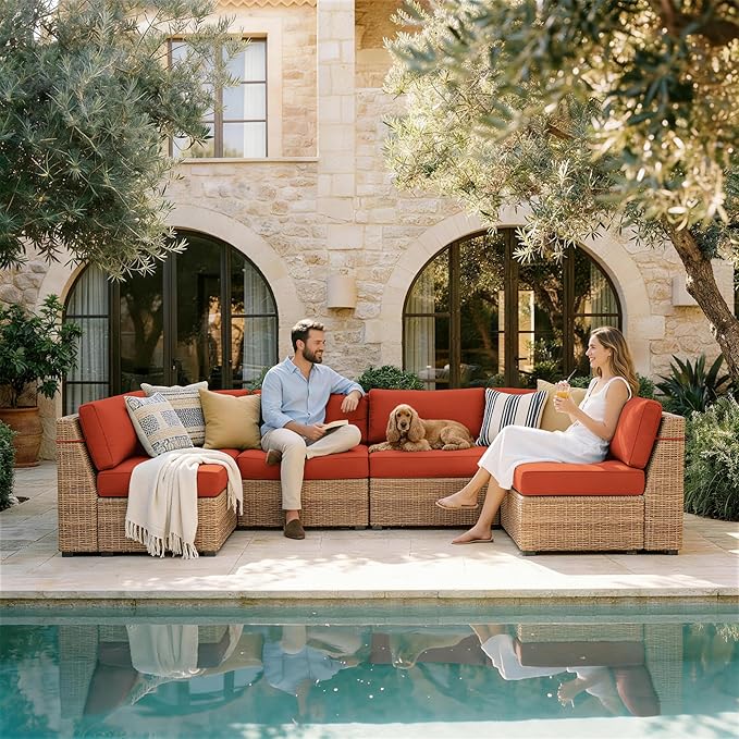 Outdoor Replacement Cushions for Patio Furniture, 5" Foam High-Density, 14-Piece Water-Resistant Outdoor Cushion for 6-Seat Sectional Patio Conversation Sets, Liner&Cover