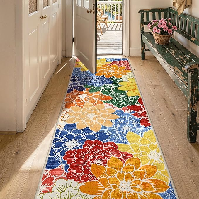 GENIMO 2.5’x8’ Indoor Outdoor Runner Rug for Hallway, Washable Waterproof Bedside Rugs, Non-Slip, Floral Mat Carpet for Patio, Living Room, Bedroom, Balcony, Kitchen, Deck, Porch, Colorful