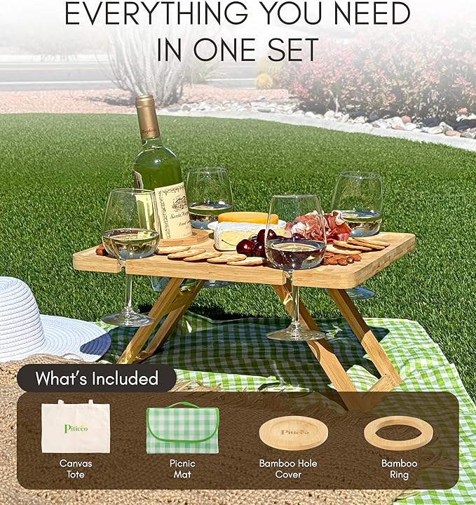 Outdoor Wine Picnic Table, Wooden Folding Picnic Table with Glass Holder, Bamboo Wine Glass Snack Tray for Indoor & Outdoor Use, Includes Picnic Mat & Tote Bag