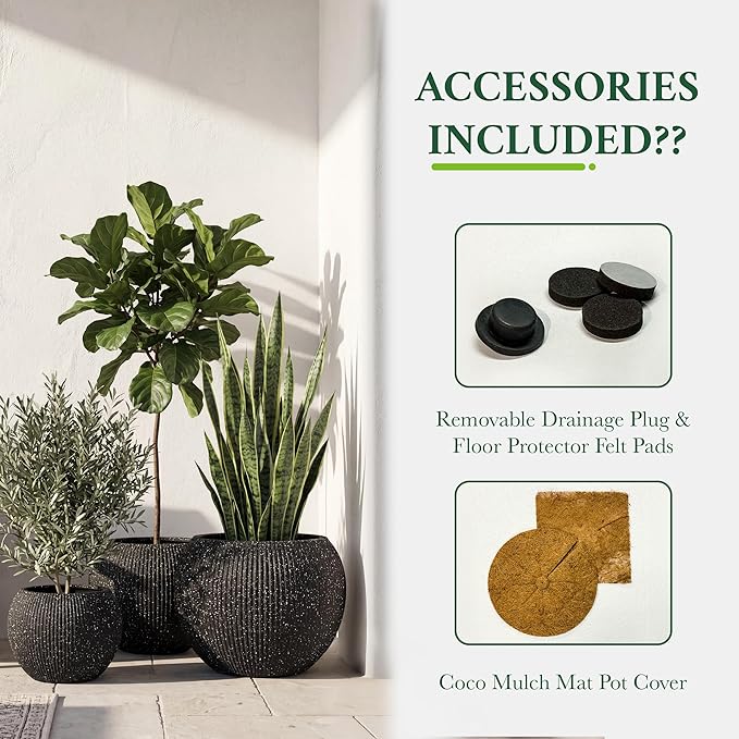 DTY Mount Sherman 12.6" D x 10'' H (Pot Opening 8.5") Fiberstone Round Planter with Drainage Hole, Smooth Finishes, Weather Resistant for Indoor and Outdoor, 2 Extra Coco Mats - Ribbed Black, Small