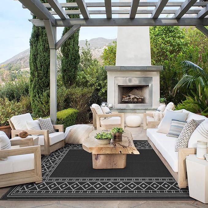 GENIMO Outdoor Rug Waterproof 6'x9' for Patio, Foldable Reversible Plastic Straw Carpet for Travel Trailers, Outside Area Mat for Rv, Deck, Picnic, Porch, Camper, Balcony, Beach, Black & Grey