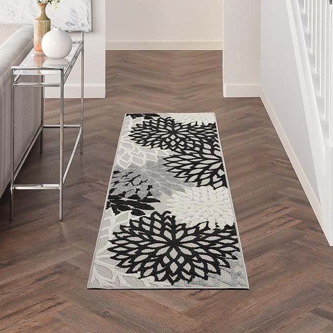 Nourison Home Aloha Indoor/Outdoor Black White 2'3'' x 8' Area-Rug, Tropical, Botanical, Easy-Cleaning, Non Shedding, Bed Room, Living Room, Dining Room, Deck, Backyard, Patio (2x8)