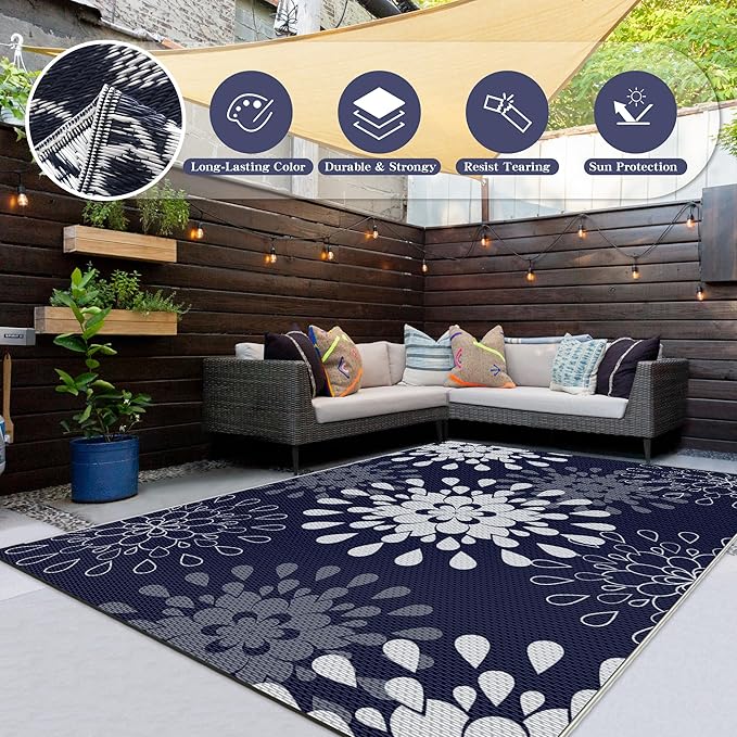 Wallona Outdoor Rugs 9x12 ft Patio Waterproof Clearance Indoor Outdoor Large Carpet for Patio Plastic Straw Reversible Area Rugs Mat for RV, Camping, Balcony, Beach, Picnic, Porch, Flower Blue & White