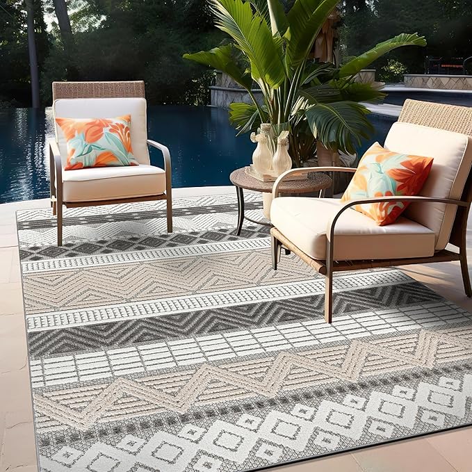 Rugshop Gray Marbella Boho Indoor/Outdoor Area Rug, Machine Washable for Patio, Balcony and Entry 4' x 6'