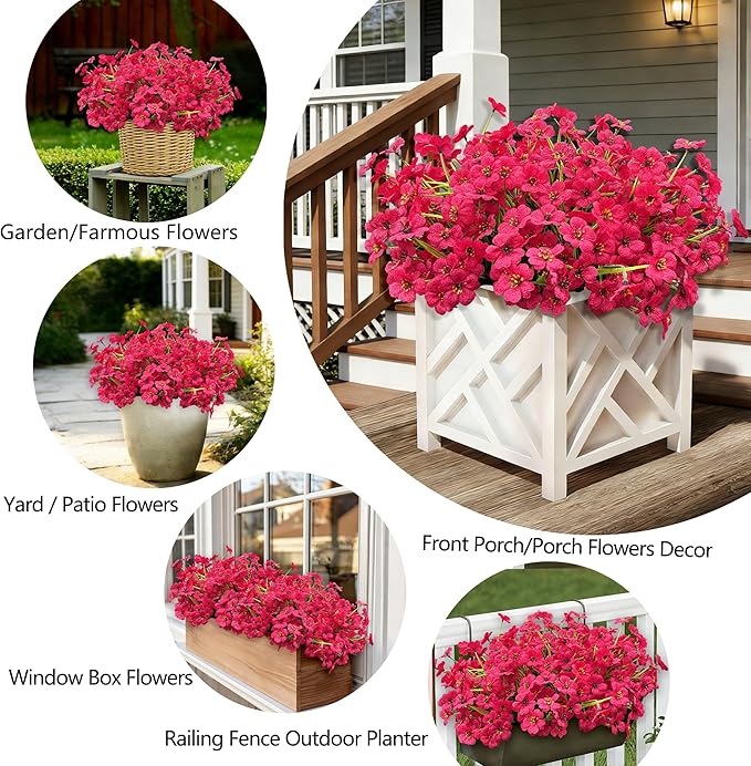 20 Bundles Artificial Flowers for Outdoors, UV Resistant Fake Flowers with Plastic Plants for Outside , Faux magenta Silk Flower for outdoor Planters , realistic Plant Front Porch Patio Decor-Rosy