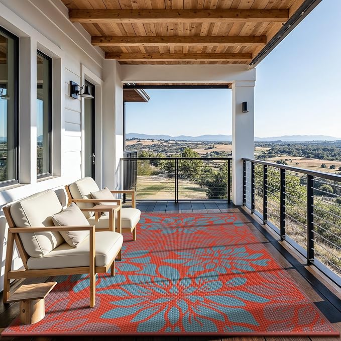 GENIMO Outdoor Rug Waterproof for Patio Decor, 6' x 9' Reversible Plastic Straw Floral Camping Carpet, Large Area Rugs Mats for RV, Camper, Deck, Balcony, Porch, Beach, Picnic, Red & Blue