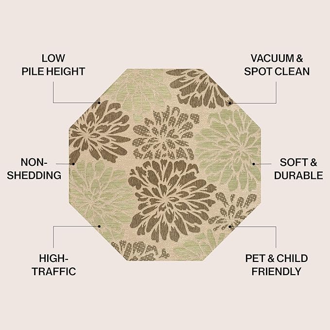 JONATHAN Y Floral Textured Weave Indoor Outdoor Octagon Area Rug 5 Ft Sage/Brown, Zinnia Modern for Backyard, Patio, Porch, Easy-Cleaning, High Traffic, Pet-Friendly, Non-Shedding (SMB110A-5TGN)