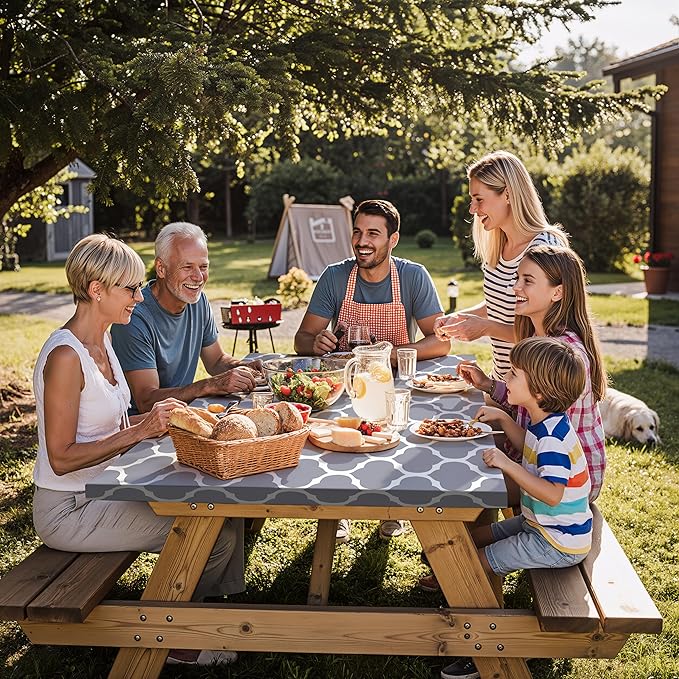 Fitted Waterproof Picnic Table Cover with Bench Covers Elastic Polyester 72In Camping Tablecloths for 6Foot Rectangle Tables Summer Fall Glamping Roadtrip Stuff Festival Vacation Items Gift