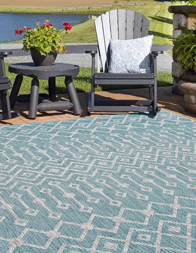 Unique Loom Outdoor Trellis Collection Area Rug - Tribal Trellis (13' Square, Aqua/ Ivory)