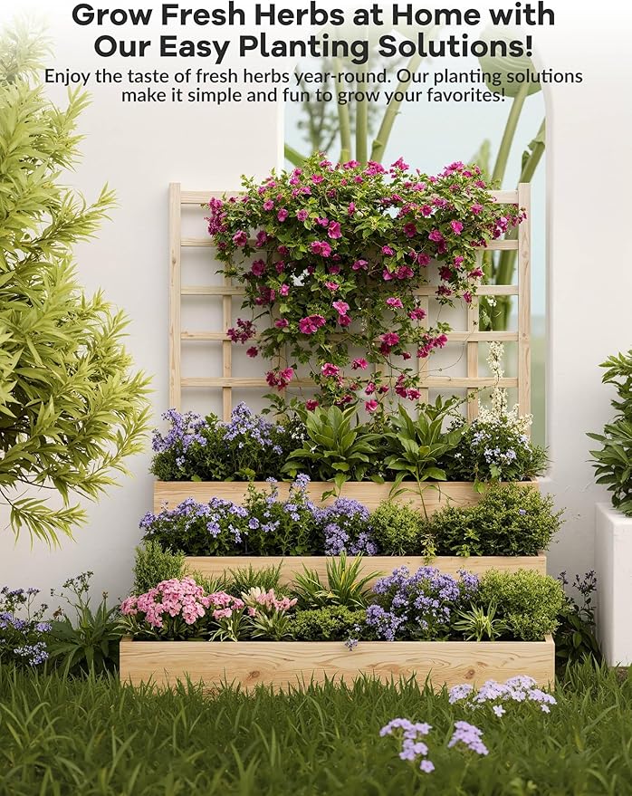 3-Tier Vertical Raised Garden Bed with Trellis – Climbing Plants, Veggies & Herbs In Limited Space | Wooden Planter Box with Open Base for Superior Drainage | Ideal for Patios, Decks & Small Yards