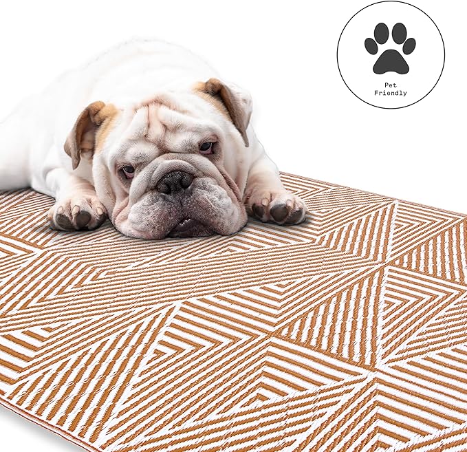 Fab Habitat Outdoor Rug - Waterproof, Fade Resistant, Crease-Free, Reversible - Premium Recycled Plastic - Modern Geometric - Large Patio, Deck, Sunroom, Camping, RV - Tokyo - Burnt Orange - 6 x 9 ft