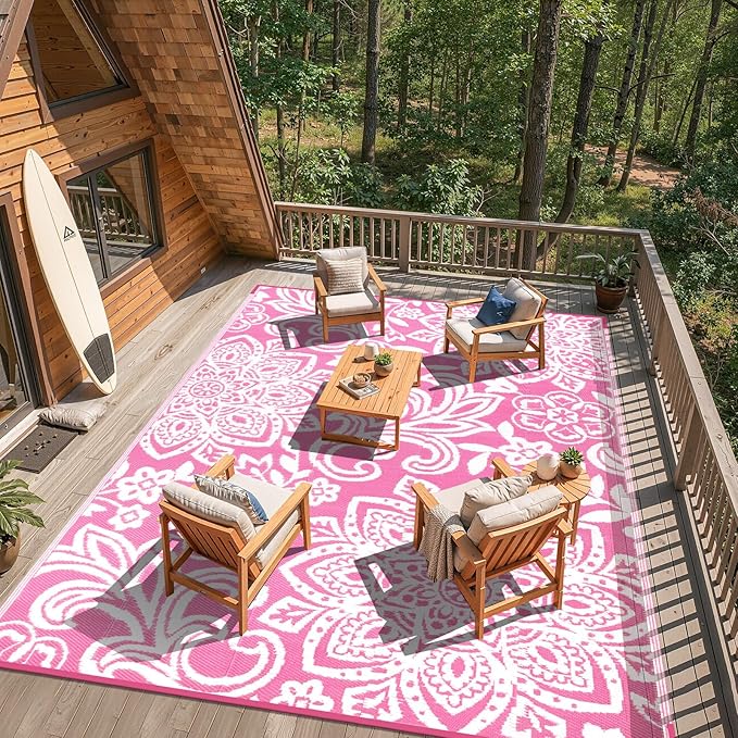 Findosom Waterproof Outdoor Rug 6' x 9' - Reversible Mandala Outdoor Plastic Straw Rug, Durable Foldable Patio Rug for RV, Deck, Balcony, Backyard, Picnic, Porch, Camping, Beach, Pink