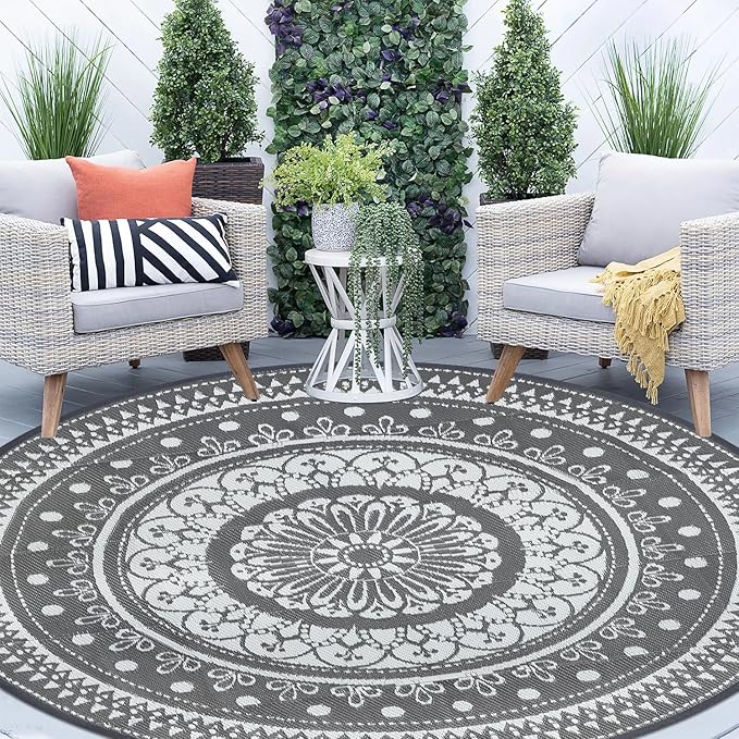 Cekene Round Outdoor Rugs for Patio 6Ft Waterproof Reversible Outdoor Patio Rugs Black Lightweight Plastic Straw Rugs Portable RV Camping Mat Floor Carpet for Deck Porch Picnic BBQ