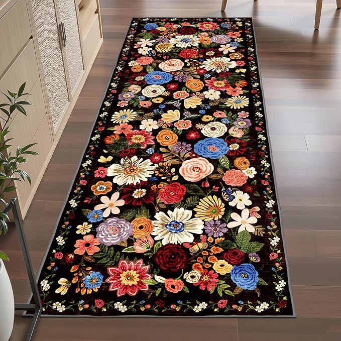 Rug for Hallways Kitchen Rug 3x7, Non Slip Washable Rugs with Rubber Backing Soft Floral Carpet Runner for Hallways, Kitchen, Laundry, Bedroom, Bathroom(3 x 7, Black Garden)