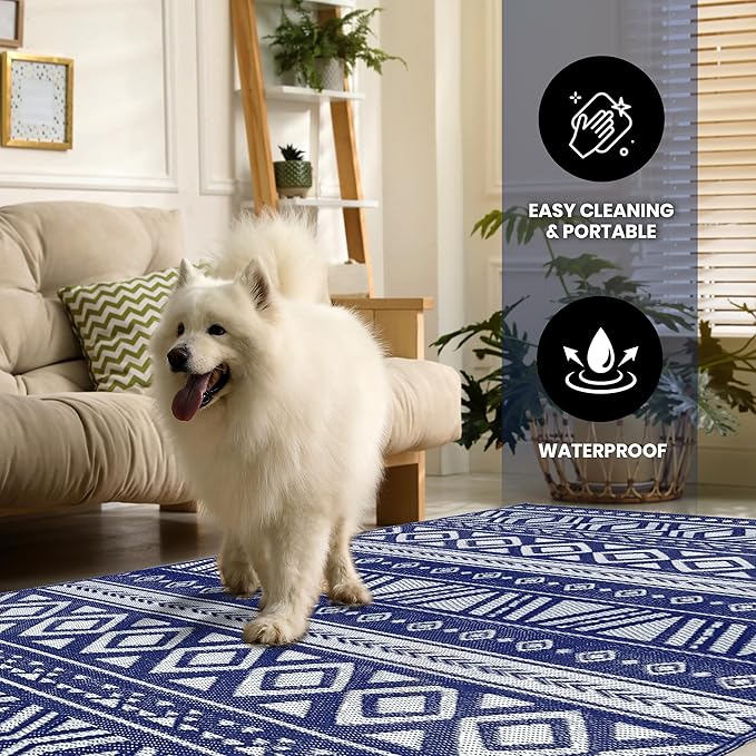 Utopia Home Waterproof Outdoor Rug for Patio 9 x 12 ft, Reversible Plastic Straw Mat for Camping, Picnics, Balcony, Patio, Aztec - Navy & White