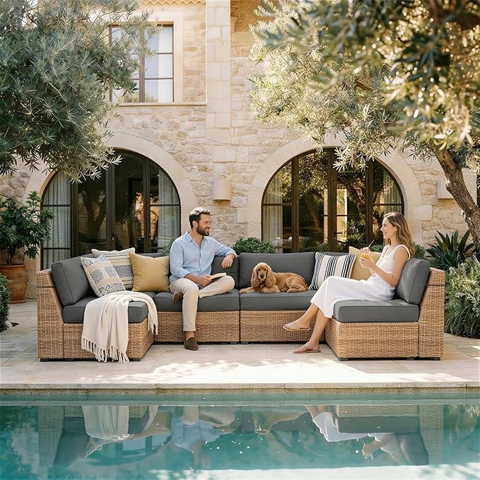 Outdoor Replacement Cushions for Patio Furniture, 5" Foam High-Density, 14-Piece Water-Resistant Outdoor Cushion for 6-Seat Sectional Patio Conversation Sets, Liner&Cover