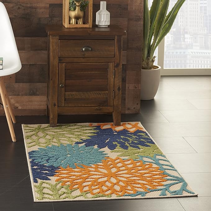 Nourison Home Aloha Indoor/Outdoor Multicolor 2'8" x 4' Area Rug, Tropical, Botanical, Easy Clean, Non Shedding, Bed Room, Living Room, Dining Room, Deck, Backyard, Patio (3x4)