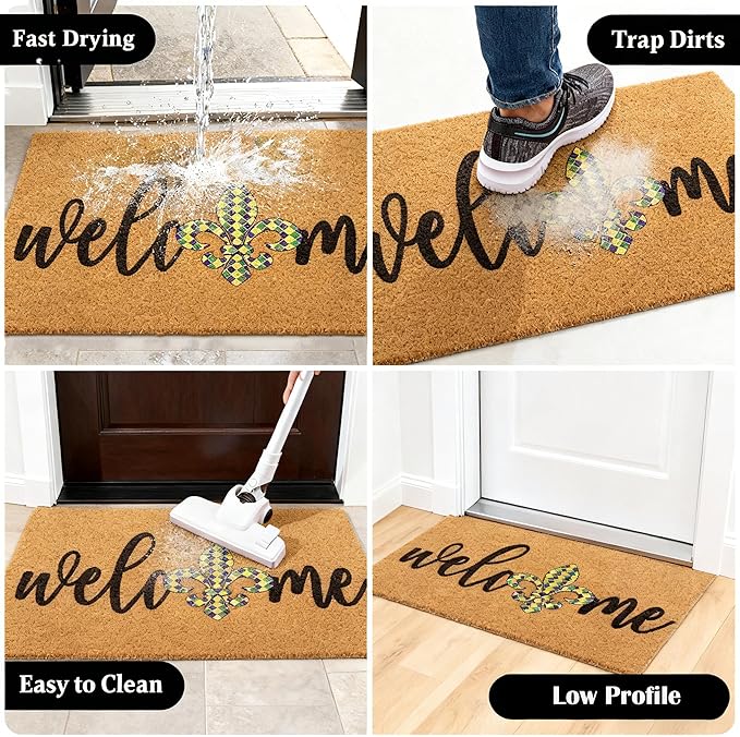 Mardi Gras Welcome Door Mat Outside Entrance, Faux-Coir Thin Doormat, Holiday Outdoor Decoration Outdoor Porch-Rug 17"X30" Non-Slip Dirt-Trapping for Home Garden Farm Spring Decor