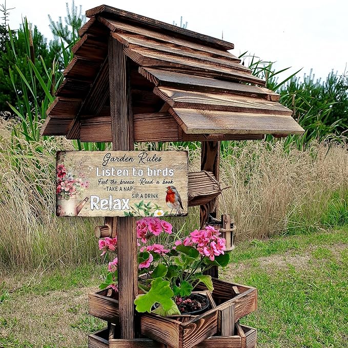 Vintage Garden Decor - Outdoor Wooden Gardening Sign - Funny Rules Listen to Birds - 16'x8'