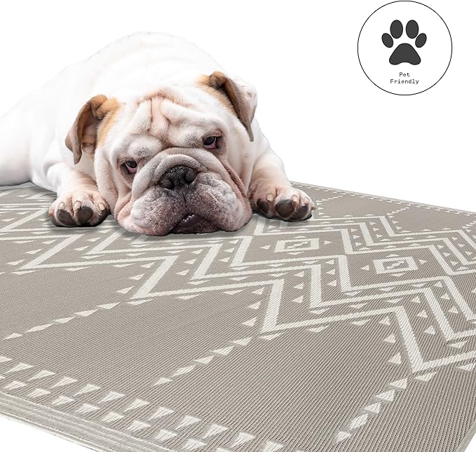 Fab Habitat Aztec Outdoor Rug - Waterproof, Fade Resistant, Crease-Free - Premium Recycled Plastic - Striped - Patio, Porch, Deck, Balcony - Ojai - Beige - 5 x 8 ft