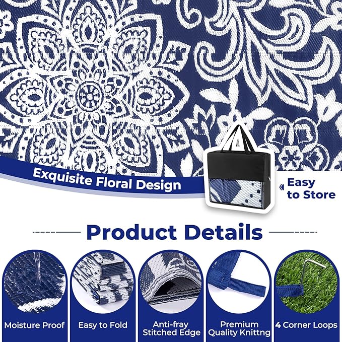 Findosom Waterproof Outdoor Rug 6' x 9' - Reversible Mandala Outdoor Plastic Straw Rug, Durable Foldable Patio Rug for RV, Deck, Balcony, Backyard, Picnic, Porch, Camping, Beach, Navy