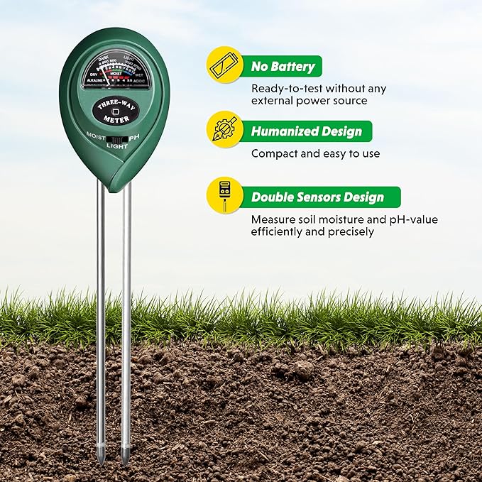 iPower Soil Meter, 3-in-1 Plant Moisture Light PH Tester for Gardening, Farming, Indoor & Outdoor Use, 4 Pack