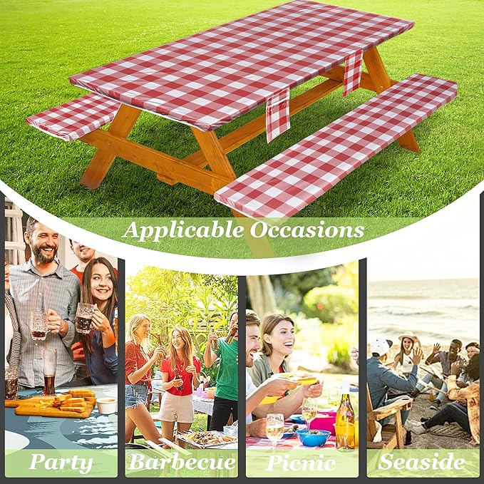Picnic Table Cover with Bench Covers Vinyl Elastic Edges Fitted Rectangle Seat Tables Waterproof 3-Piece96X30in Set Outdoor Rectangular Folding Backing Tablecloth for Camping Over Size