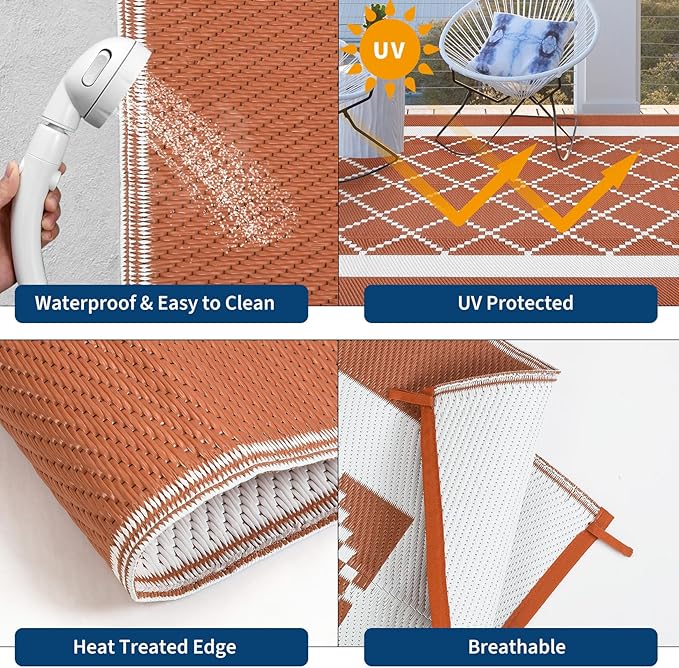 COZYLOOM Waterproof Outdoor Rug 9x12 Reversible Patio Rug Plastic Straw Mat, Modern Carpet, Boho Indoor Outdoor RV Mat for Deck, Balcony, Camping, Porch, Beach, Picnic, Terracotta