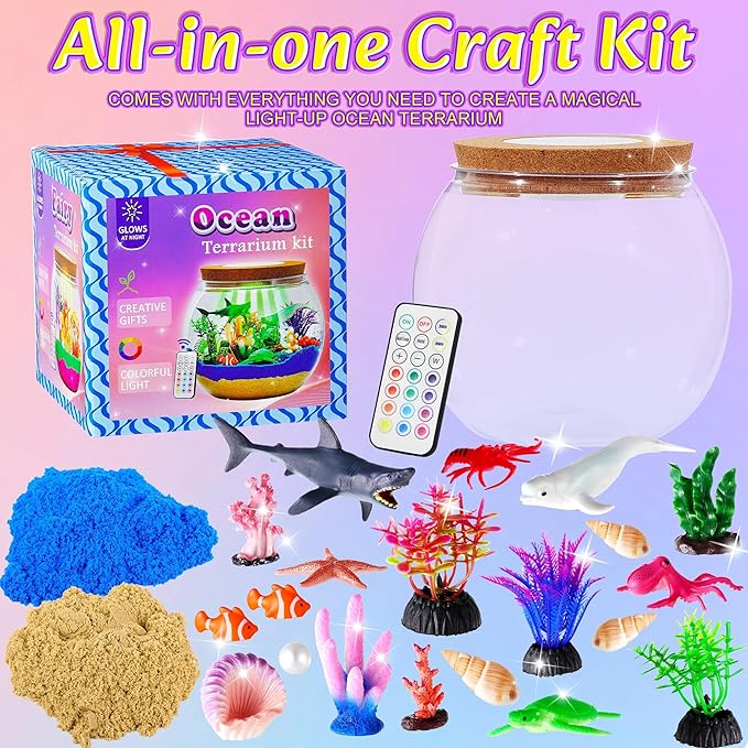 Gifmore Ocean Terrarium Kit for Kids with LED Night Light & Remote Control, Ocean Toys & Arts and Crafts Kit for Girls & Boys Ages 4-12, Creative Birthday Christmas Gifts for Children