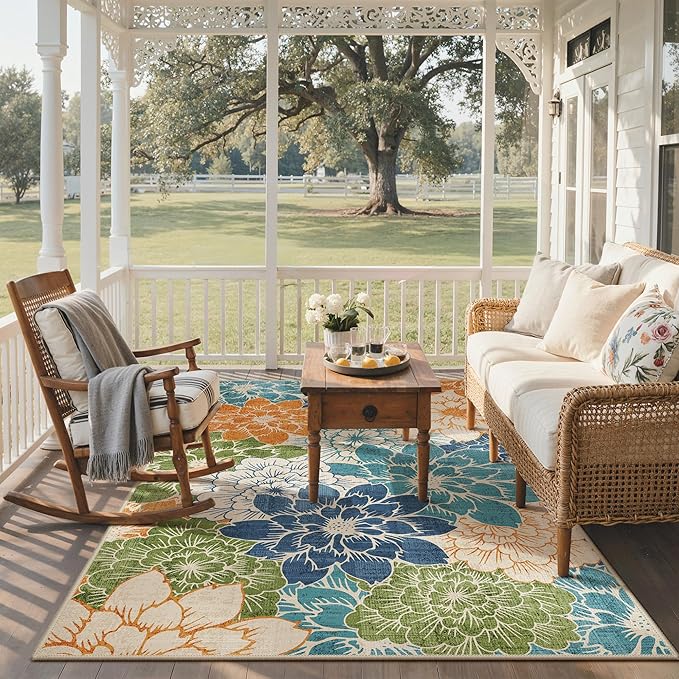 GENIMO Indoor Outdoor Area Rug 8'x10', Machine Washable Rugs for Patio, Waterproof, Non-Slip Easy Cleaning Floral Outdoor Mat Carpet for Living Room, Bedroom, RV, Balcony, Deck, Camping, Teal Blue
