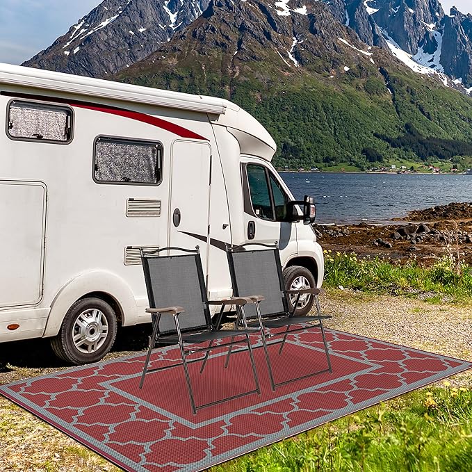 GENIMO 5' x 8' Outdoor Rug Waterproof for Patio Christmas Decor, Foldable Reversible Plastic Straw Area Rugs Mat for Camper, Outside Carpet for Rv, Deck, Porch, Picnic, Beach, Balcony, Red & Grey