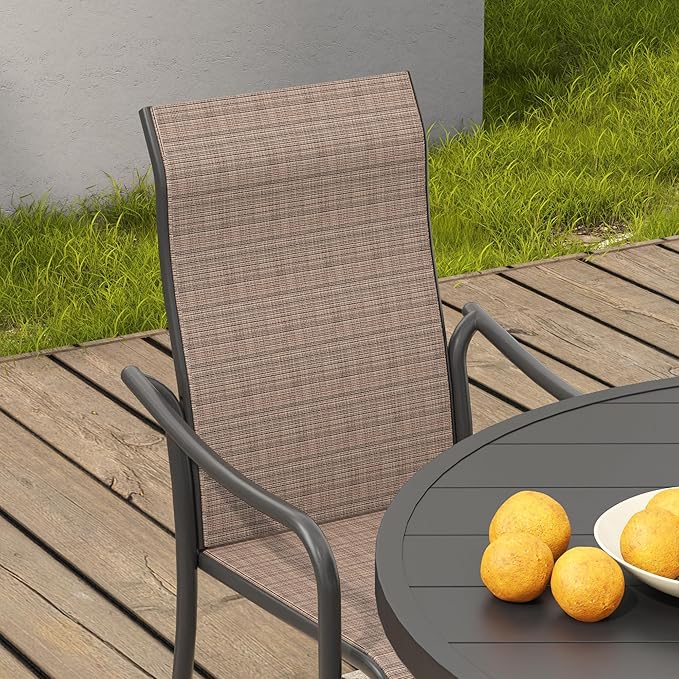 VICLLAX Patio Stackable Dining Chairs Set of 4, Outdoor Sling Chairs with Breathable Fabric and High Back for Balcony Porch Backyard, Brown