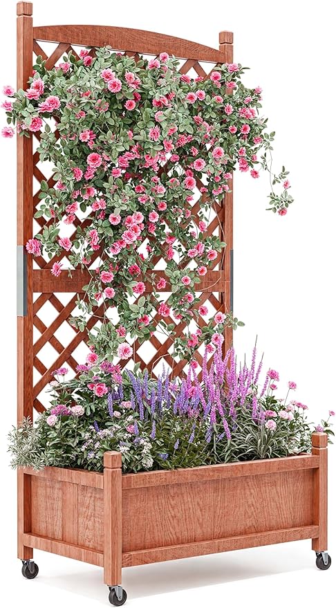 1-Pack Tall Wood Planter Box with Trellis, 29.5" h Vertical Garden on Wheels with Drainage Holes, for Climbing Plants, Herbs, Flowers in Patio & Balcony