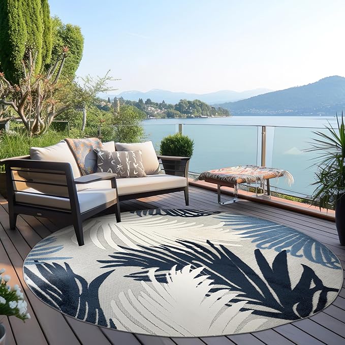 Rugshop Navy Lucca Contemporary Floral Indoor/Outdoor Round Area Rug Durable Polypropylene, Weather Resistant, Easy to Clean Perfect for Patio, Backyard, Deck and Outdoor Lounge 8' Round