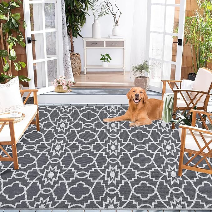 GAOMON Outdoor Rug Waterproof 8x10 Modern Camping Carpet for Patio, UV-Resistant Outdoor Plastic Straw Rug, Geometric Floral Reversible Floor Mats for Picnic, Porch, Deck, Beach, Grey/White(Floral)