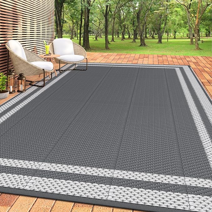 HappyTrends,Outdoor Rug,Patio Rug,Reversible Portable Plastic Straw Rug,Camping Rugs for Outside RV,Large Waterproof Area Rugs for Patio,Deck,Picnic,Porch,Balcony(6'x 9',White&Gray)