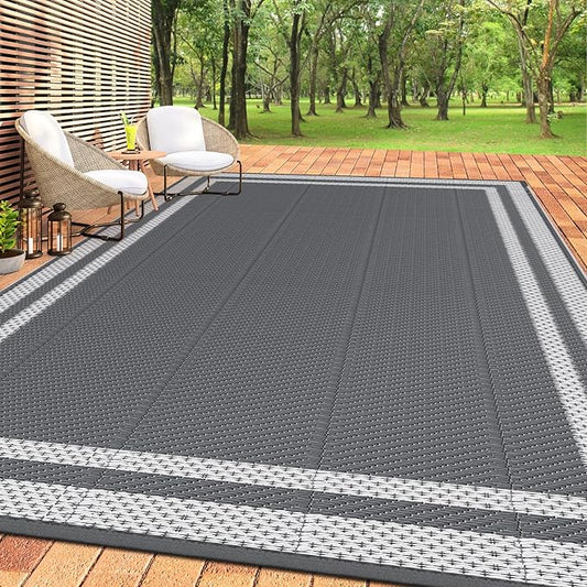 HappyTrends,Outdoor Rug,Patio Rug,Reversible Portable Plastic Straw Rug,Camping Rugs for Outside RV,Large Waterproof Area Rugs for Patio,Deck,Picnic,Porch,Balcony(6'x 9',White&Gray)