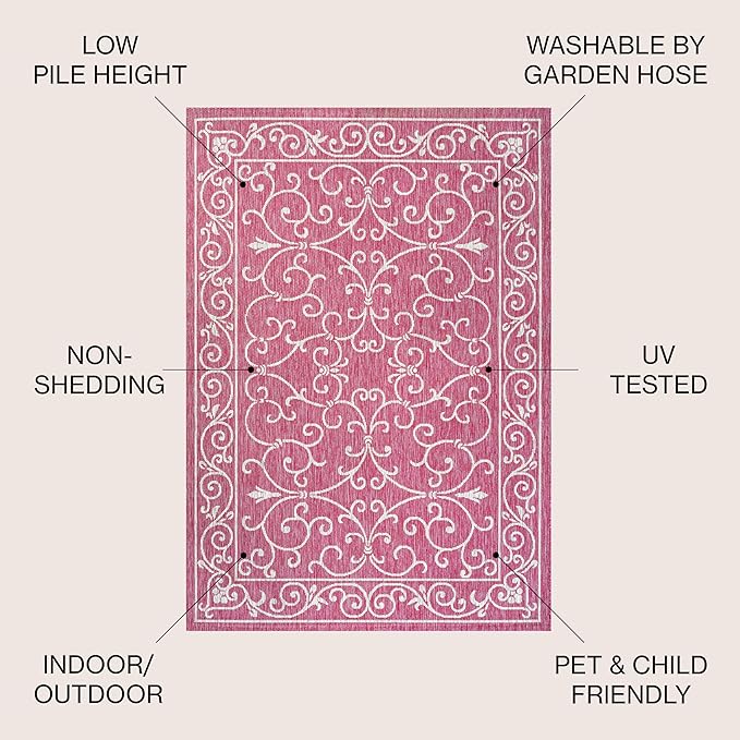 JONATHAN Y Vintage Filigree Indoor Outdoor Area Rug 3X5 Fuchsia/Light Gray, Charleston Textured Weave for Backyard, Patio, Porch, Easy-Cleaning, High Traffic, Pet-Friendly, Non-Shedding (SMB106J-3)