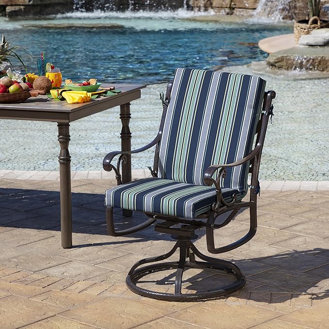 Arden 2-Pack Outdoor Patio Dining Chair Cushion, 20x44, Rain-Proof Seat Pad, Fade-Resistant Outdoor Cushion Sapphire Aurora Blue Stripe